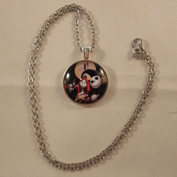 Silver Mystical Nightmare Before Christmas Jack Sally Zero Cabochon Necklace - Picture 3 of 3